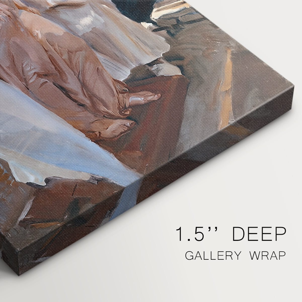 Close-up of a gallery-wrapped canvas corner showing a calm portrait with warm color and light, highlighting texture and print detail.