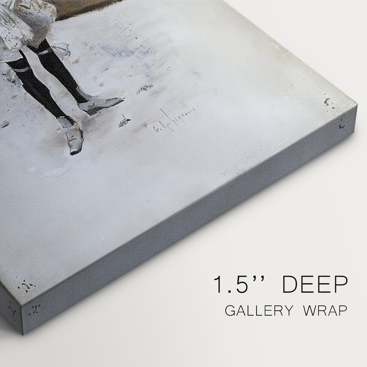 Close-up of a gallery-wrapped canvas corner showing a dignified figure with elegant design elements, highlighting texture and print detail.
