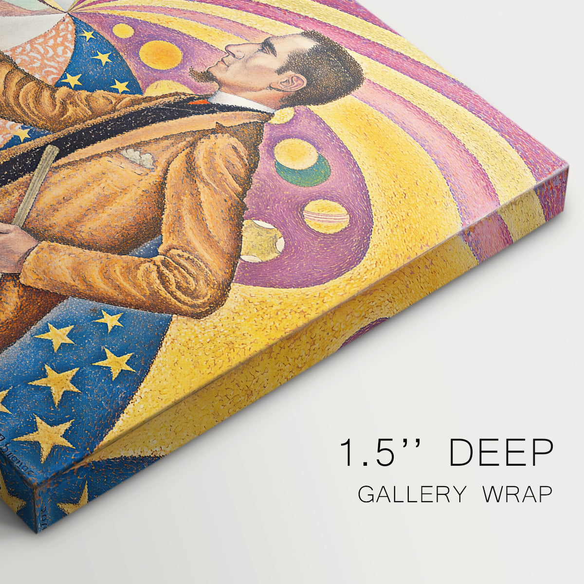Canvas art print of a stylized portrait with swirling decorative background, highlighting texture and gallery-wrapped edges
