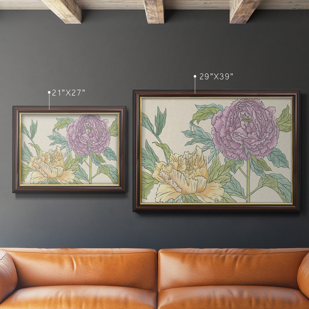 Contemporary peony flower illustration in an ornate mahogany wood frame with gold liner shown in multiple size options.