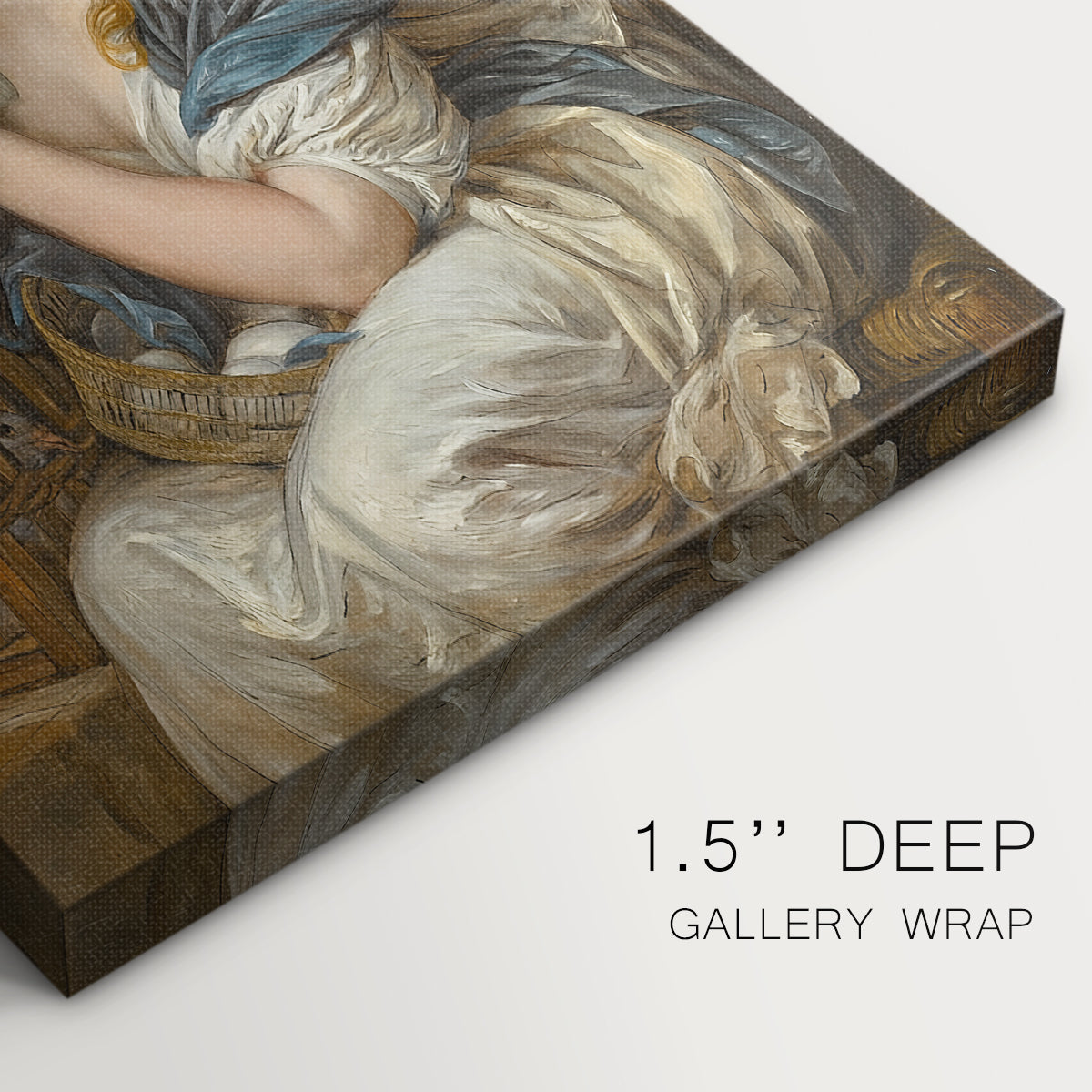 Close-up of a gallery-wrapped canvas corner showing a refined portrait with peaceful expression, highlighting texture and print detail.