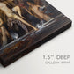 Close-up of a gallery-wrapped canvas corner showing a classical-inspired scene with rich color and movement, highlighting texture and print detail.