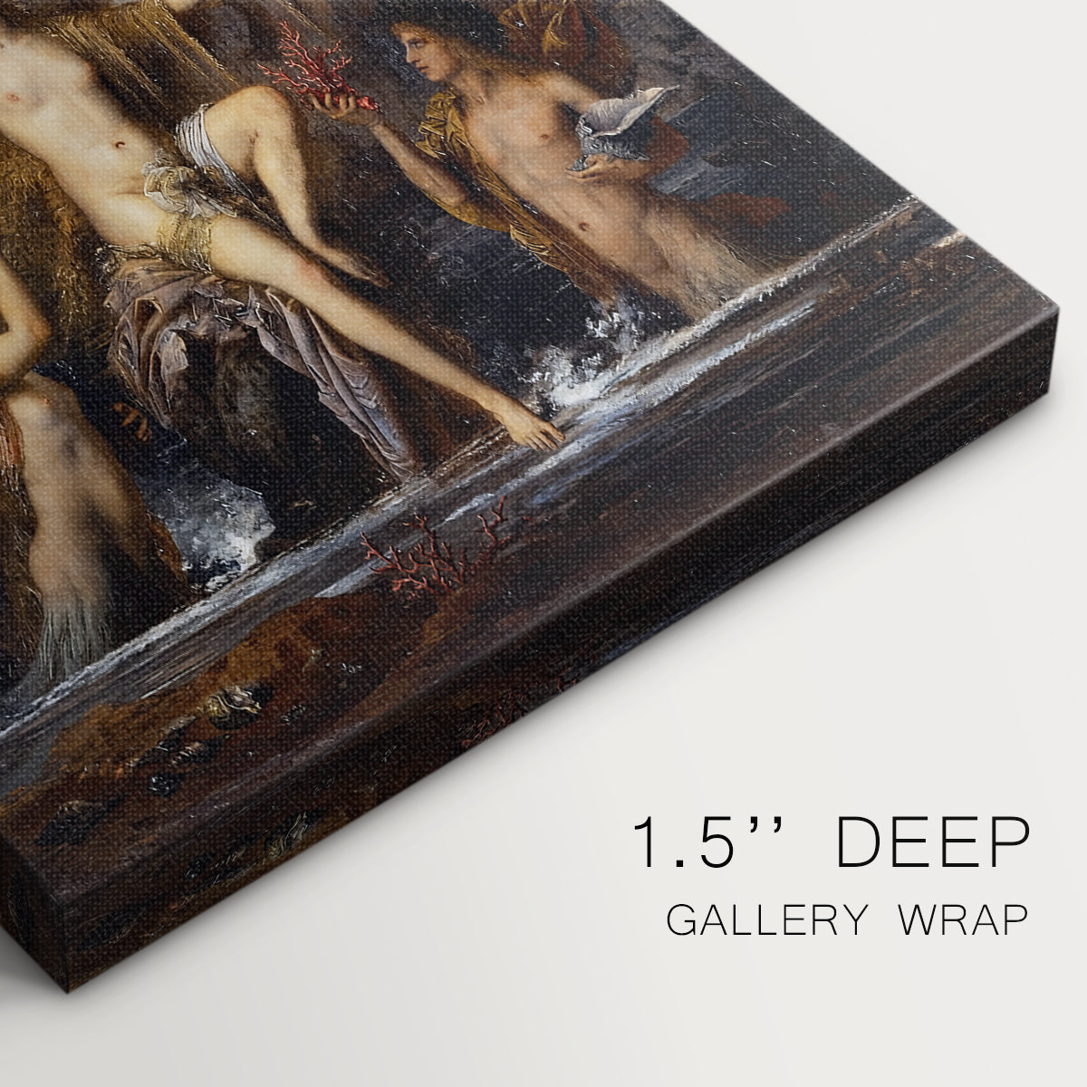 Close-up of a gallery-wrapped canvas corner showing a classical-inspired scene with rich color and movement, highlighting texture and print detail.