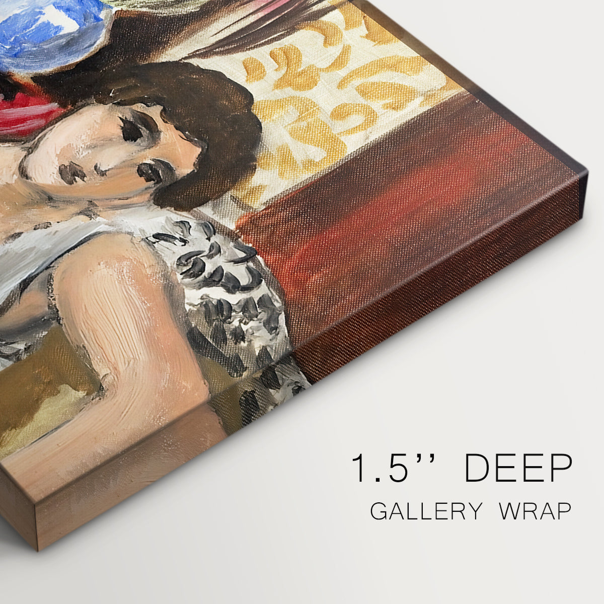 Canvas art print of a seated woman in an armchair in a colorful interior, highlighting texture and gallery-wrapped edges