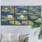 Three-panel canvas wall art featuring water lilies floating on pond, displayed in a living room above a sofa.