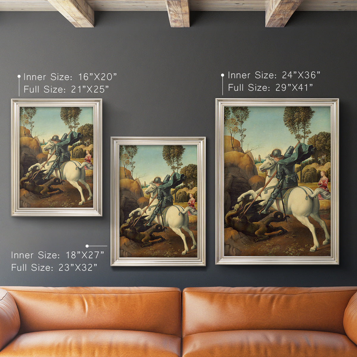 Religious painting of Saint George slaying the dragon by Raphael in an ornate champagne frame shown in multiple vertical size options.