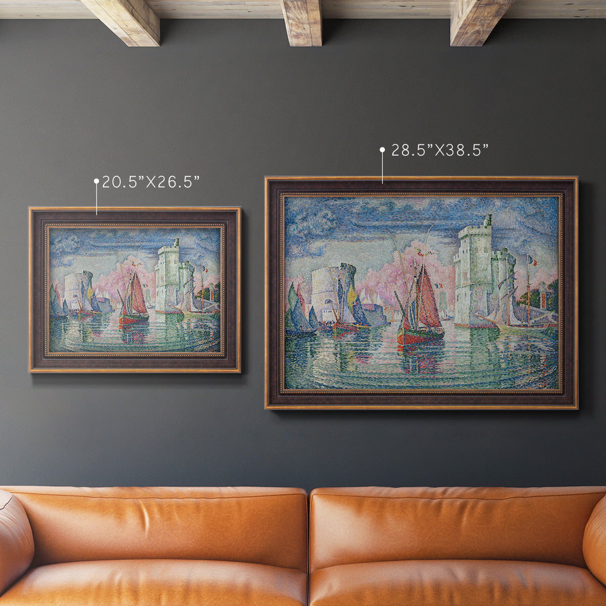 Impressionist harbor scene by Paul Signac in an ornate bronzed mahogany wood frame shown in multiple size options.