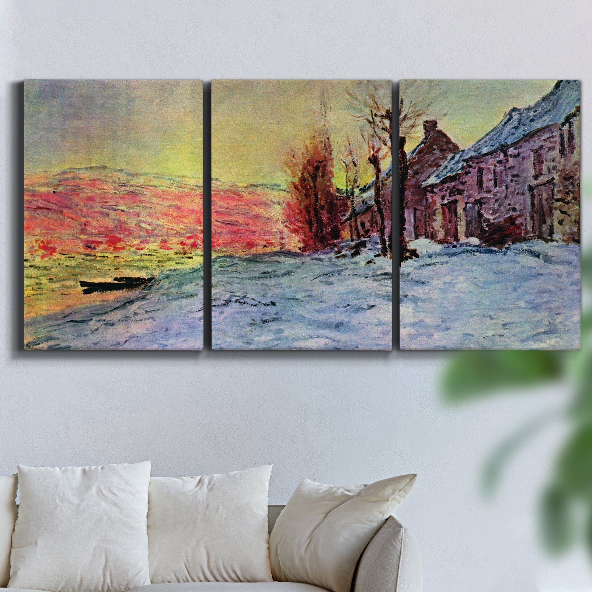 Three-panel canvas wall art featuring river view beneath cloudy sky, displayed in a living room above a sofa.
