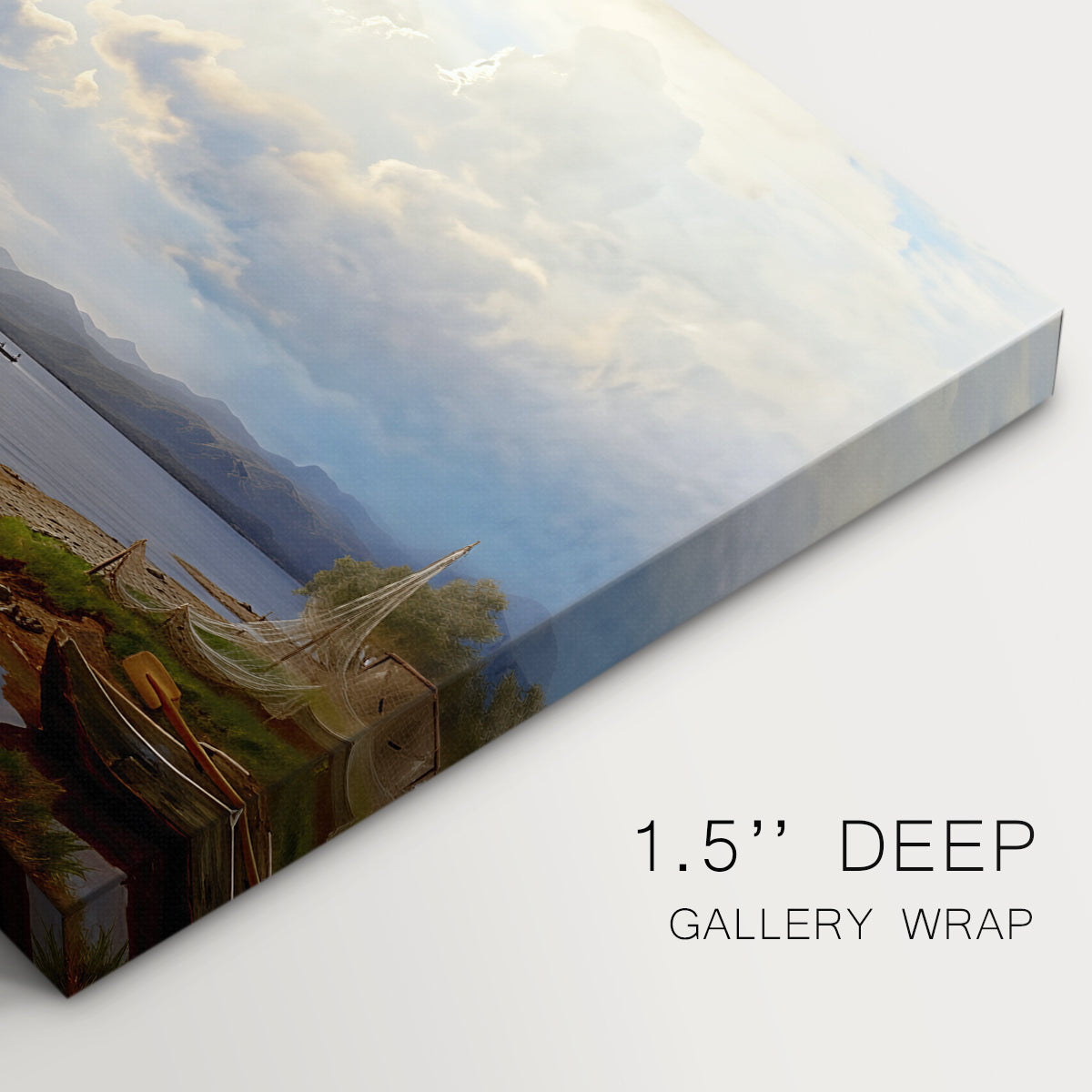 Canvas art print of figures gathered along shoreline with wide lake and distant horizon, highlighting texture and gallery-wrapped edges