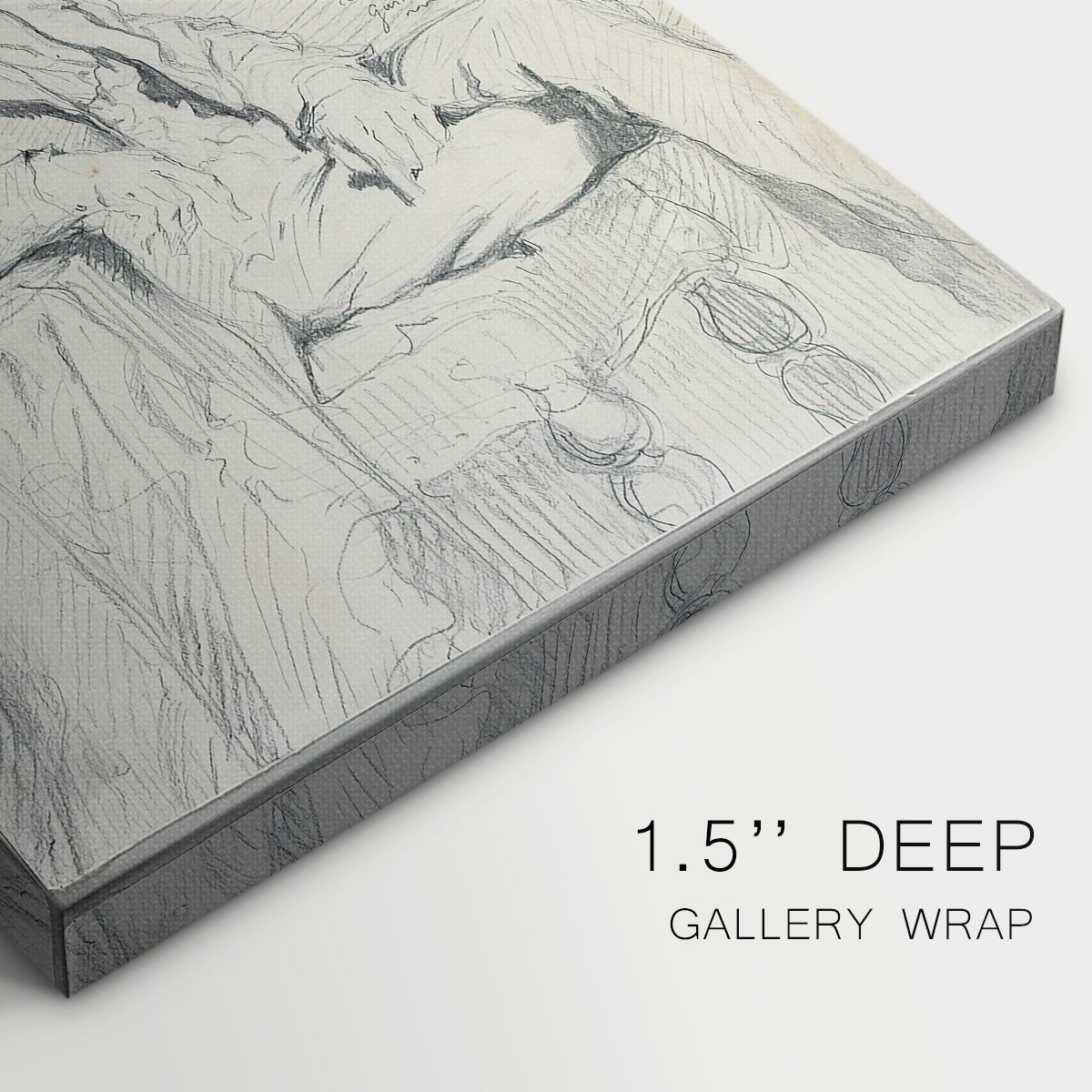 Close-up of a gallery-wrapped canvas corner showing a light sketch focusing on facial structure, highlighting texture and print detail.