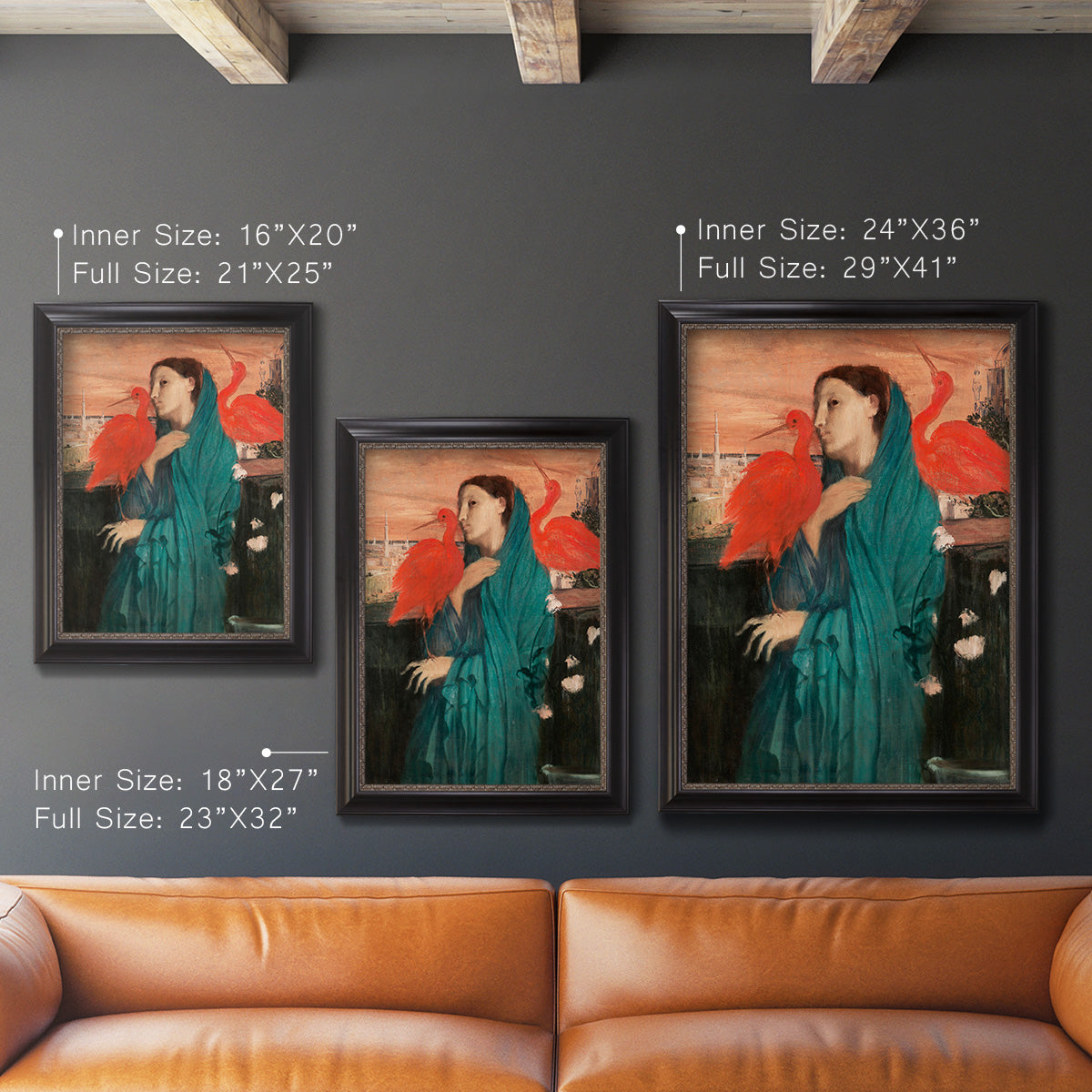 Impressionist portrait of a young woman with an ibis by Edgar Degas in an ornate black frame with gilded inner detail shown in multiple vertical size options.