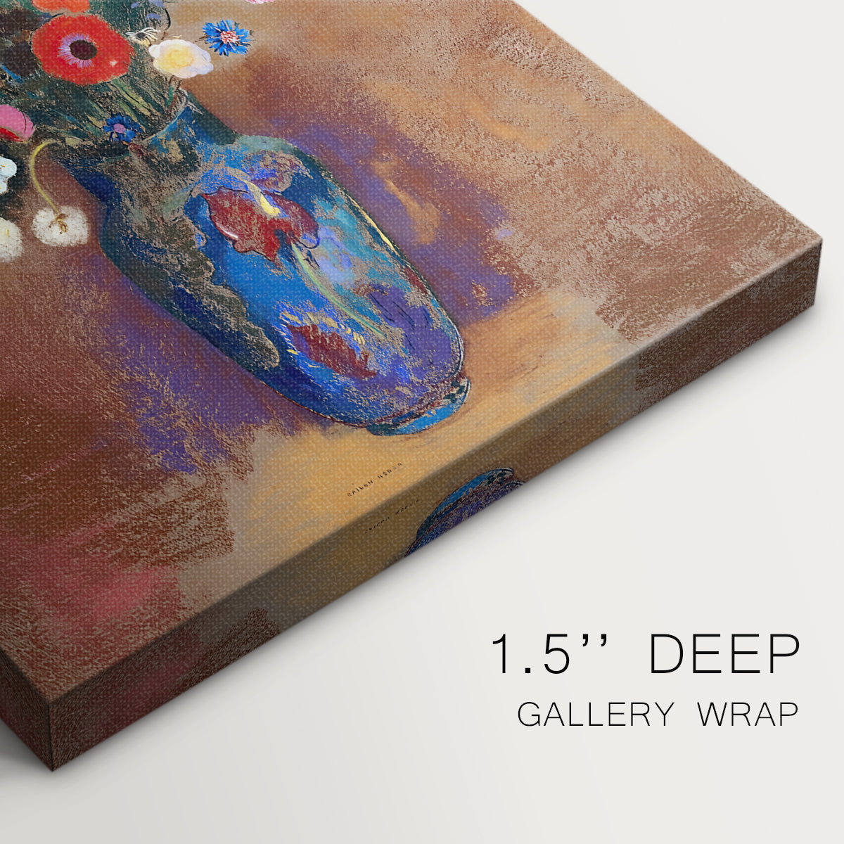 Close-up of a gallery-wrapped canvas corner showing a stylized still life with smooth shading, highlighting texture and print detail.