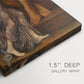 Close-up of a gallery-wrapped canvas corner showing a rich composition exploring themes of greed and devotion, highlighting texture and print detail.