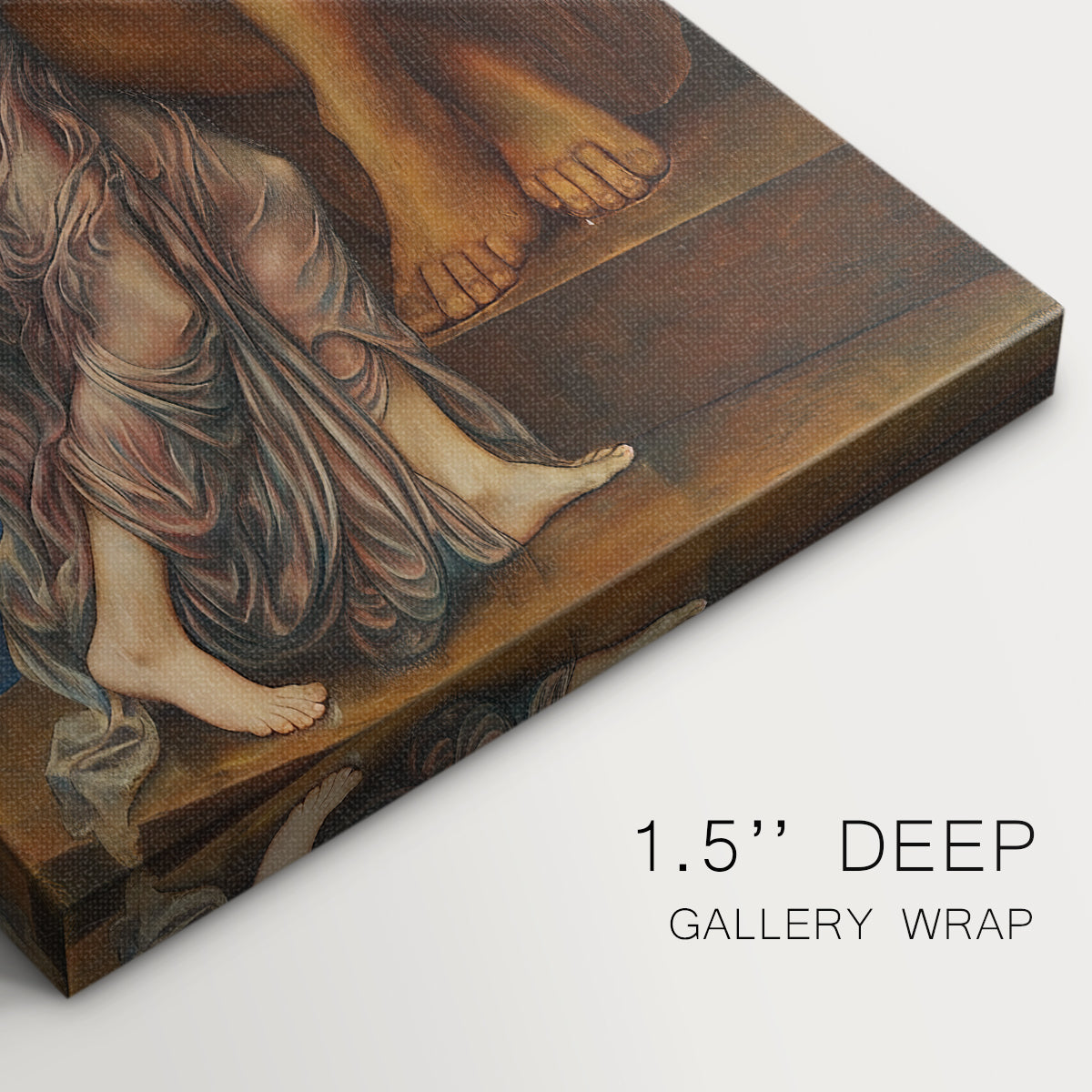 Close-up of a gallery-wrapped canvas corner showing a rich composition exploring themes of greed and devotion, highlighting texture and print detail.