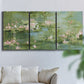 Three-panel canvas wall art featuring soft green water lilies, displayed in a living room above a sofa.