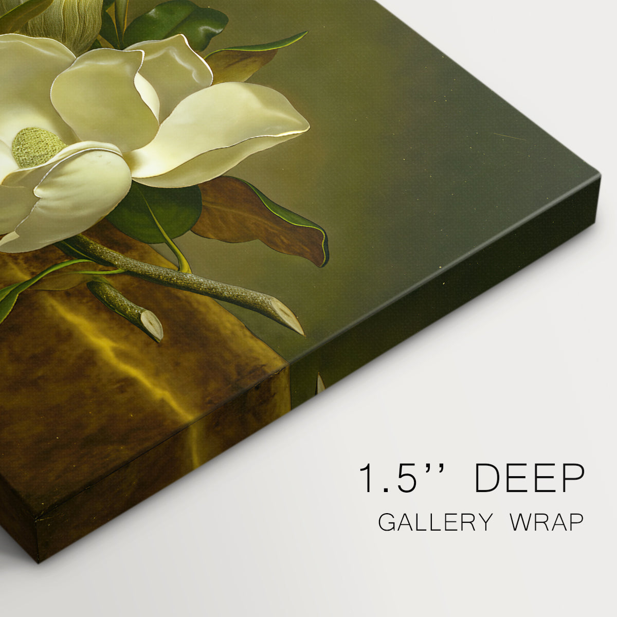 Canvas art print of magnolia blossoms arranged on gold velvet surface, highlighting texture and gallery-wrapped edges
