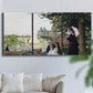 Three-panel canvas wall art featuring garden house beside river, displayed in a living room above a sofa.