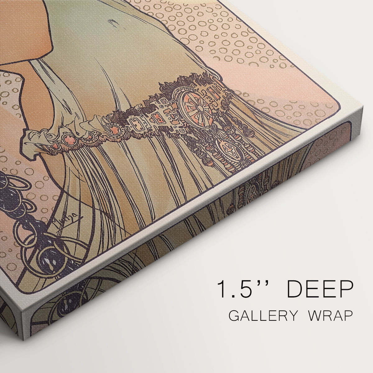 Close-up of a gallery-wrapped canvas corner showing a vintage illustration of a woman with elaborate ornamentation, highlighting texture and print detail.