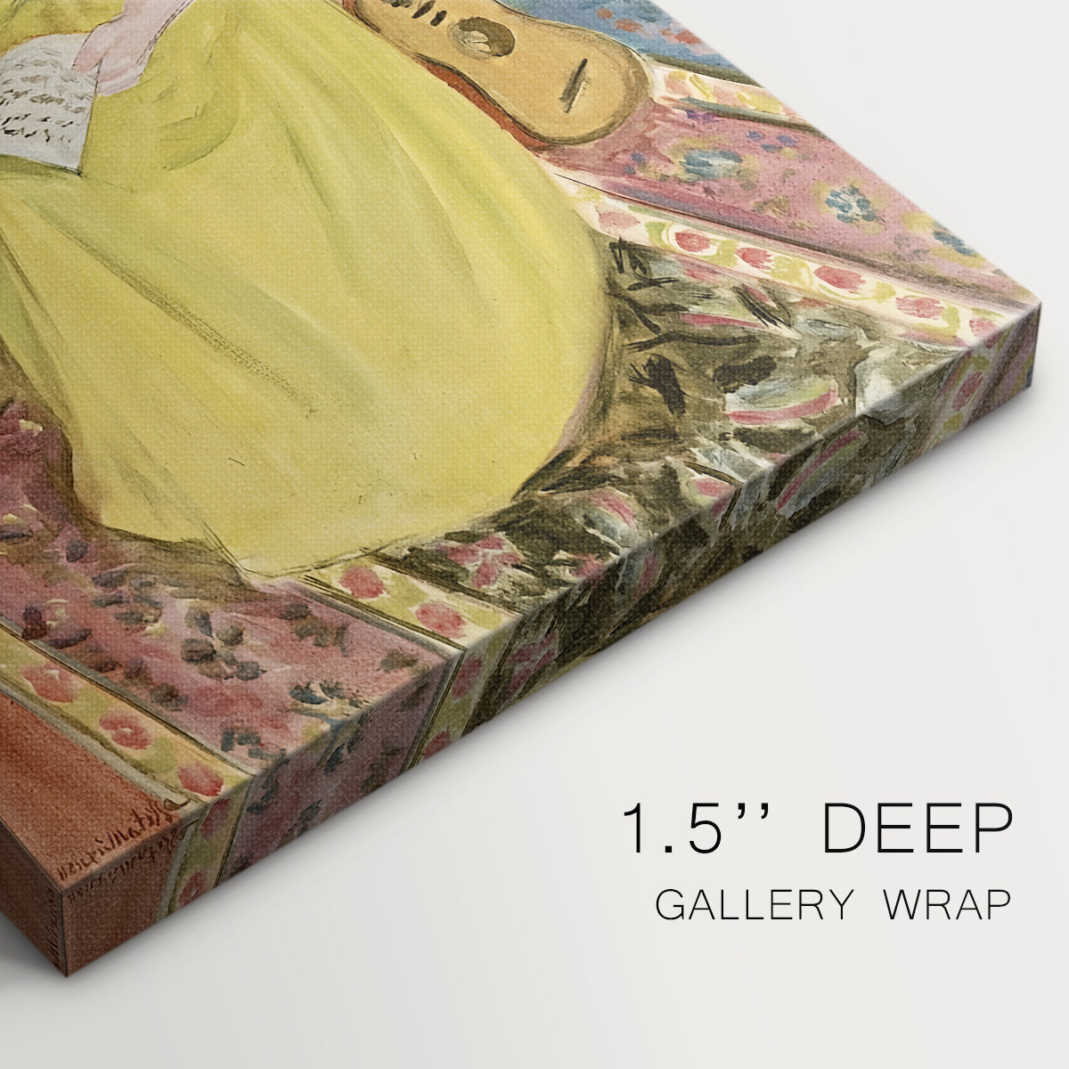 Close-up of a gallery-wrapped canvas corner showing a modern figure with strong yellow accents and clean lines, highlighting texture and print detail.