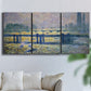 Three-panel canvas wall art featuring london bridge crossing wide river, displayed in a living room above a sofa.