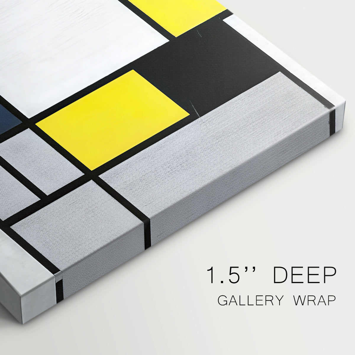 Canvas art print of a grid of rectangles with primary colors and black lines, highlighting texture and gallery-wrapped edges