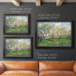 Impressionist spring orchard landscape by Vincent van Gogh in an ornate black frame with gilded inner detail shown in multiple size options.