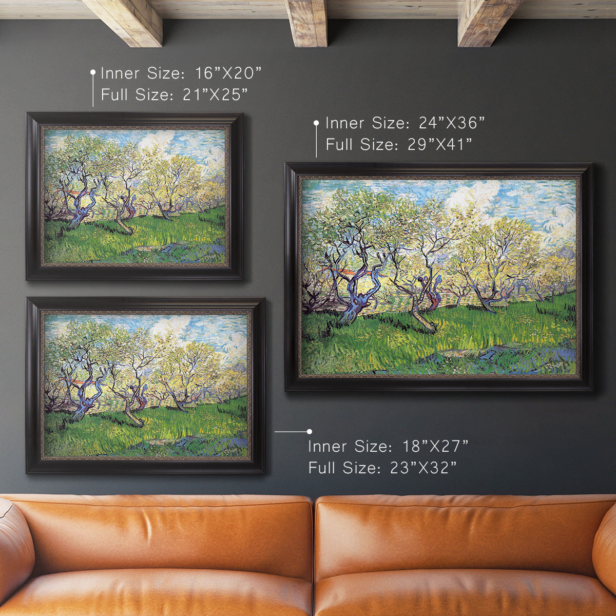 Impressionist spring orchard landscape by Vincent van Gogh in an ornate black frame with gilded inner detail shown in multiple size options.