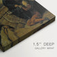 Close-up of a gallery-wrapped canvas corner showing a tense moment with figures in a harsh setting, highlighting texture and print detail.