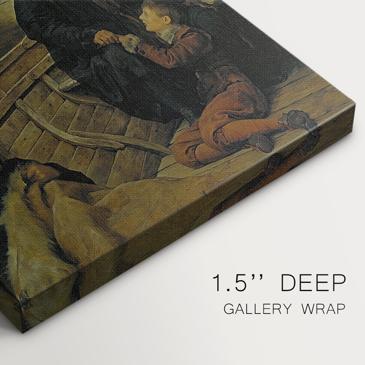 Close-up of a gallery-wrapped canvas corner showing a tense moment with figures in a harsh setting, highlighting texture and print detail.