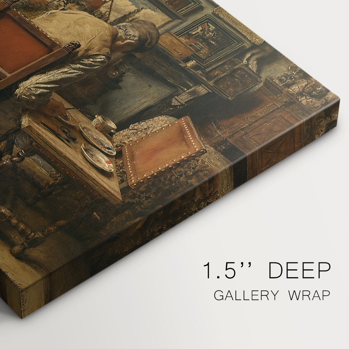 Canvas art print of a figure seated indoors carefully working on artwork at table, highlighting texture and gallery-wrapped edges