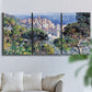 Three-panel canvas wall art featuring coastal hillside overlooking monaco, displayed in a living room above a sofa.