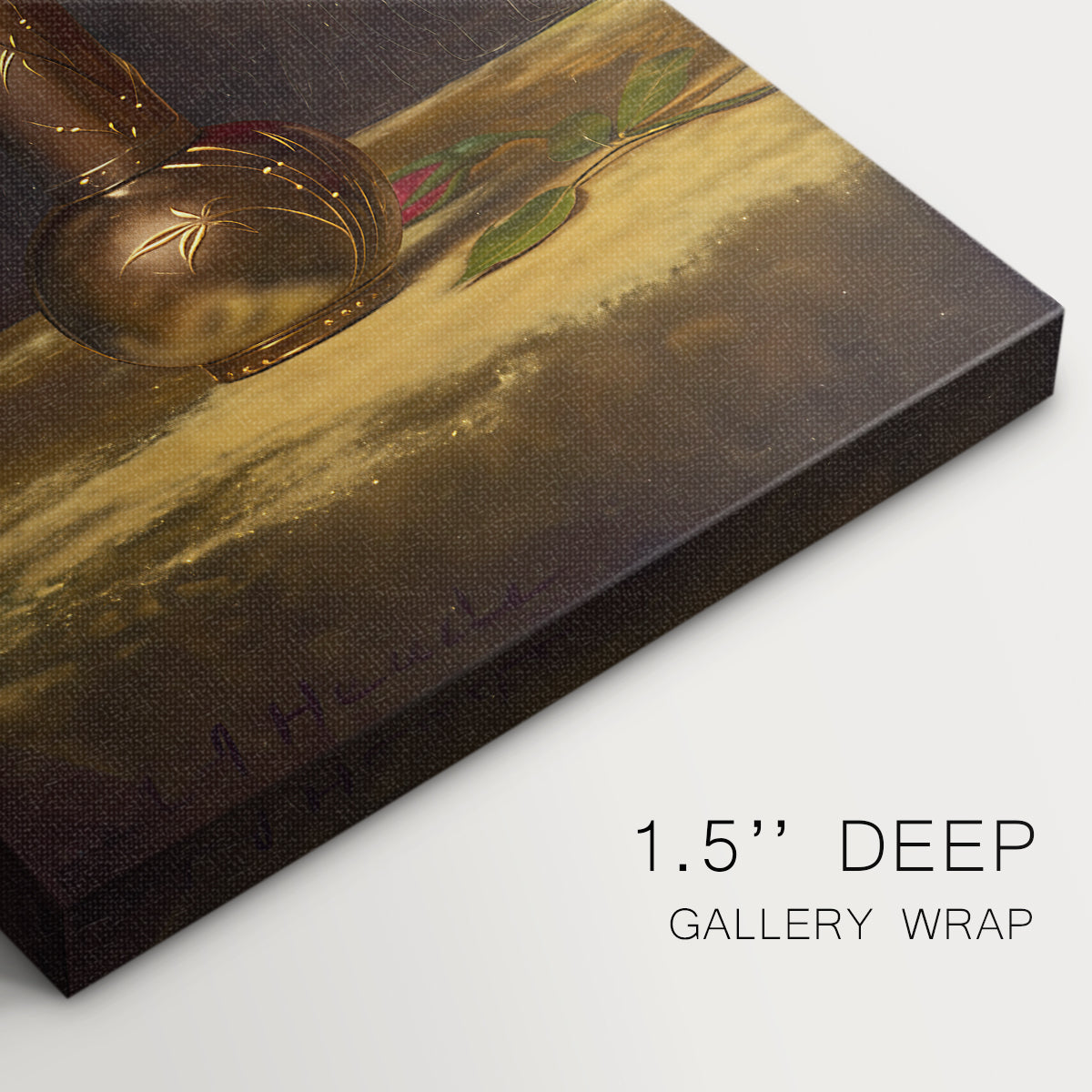 Close-up of a gallery-wrapped canvas corner showing a detailed still life with contrast and texture, highlighting texture and print detail.