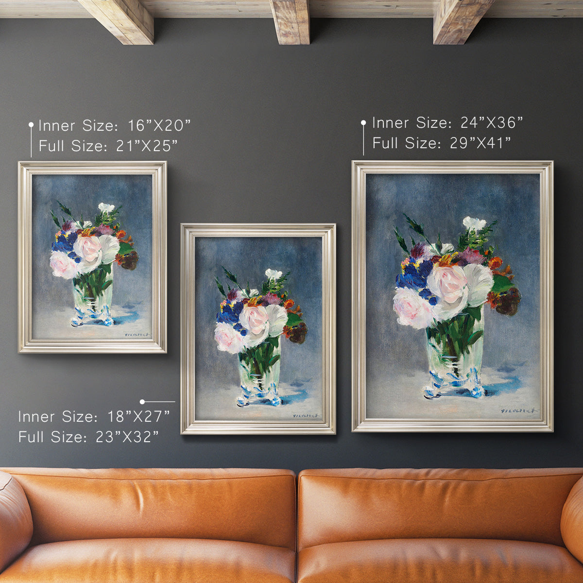 Impressionist floral still life painting by Claude Monet in an ornate champagne frame shown in multiple vertical size options.