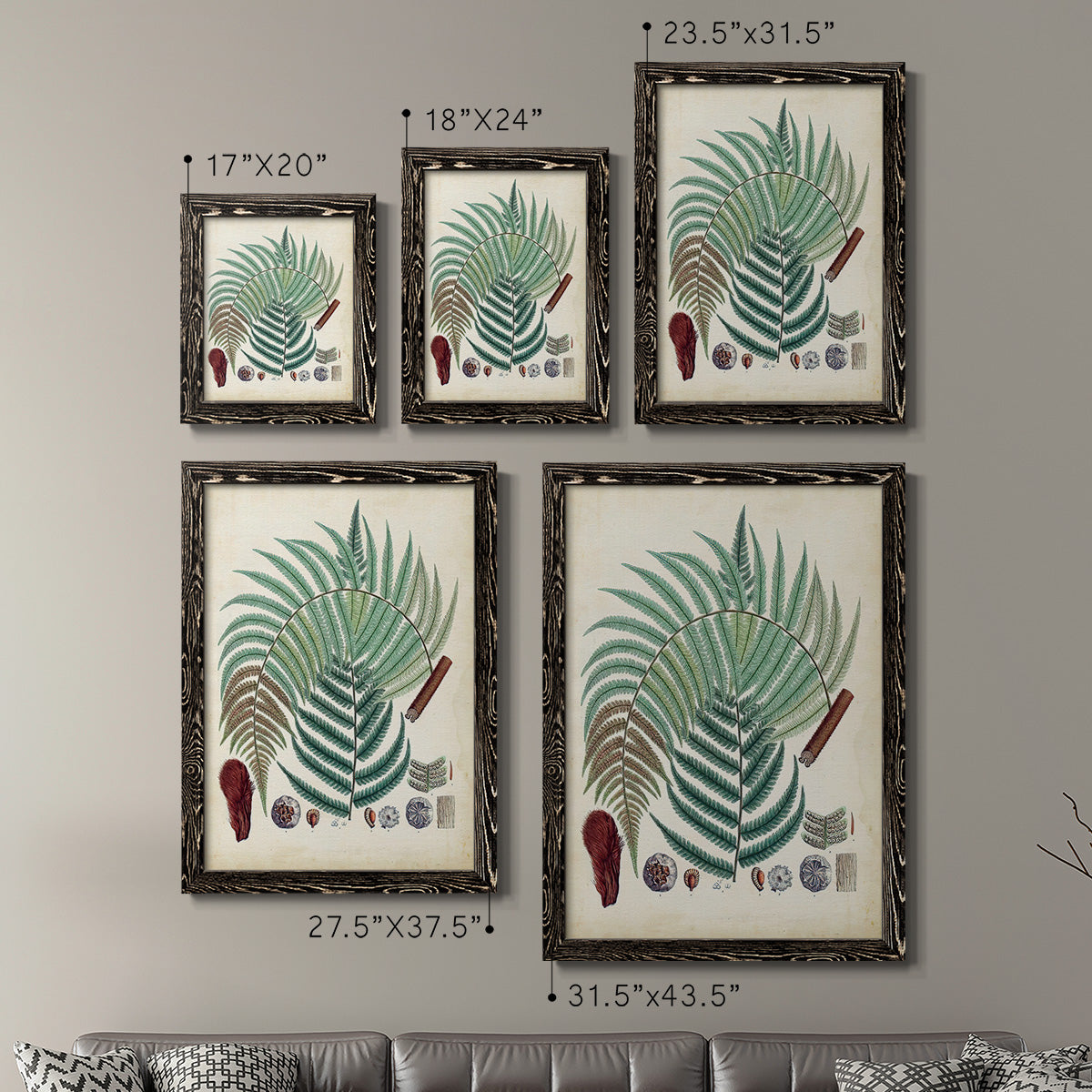 Size comparison chart for a set of two black barnwood framed canvas prints.