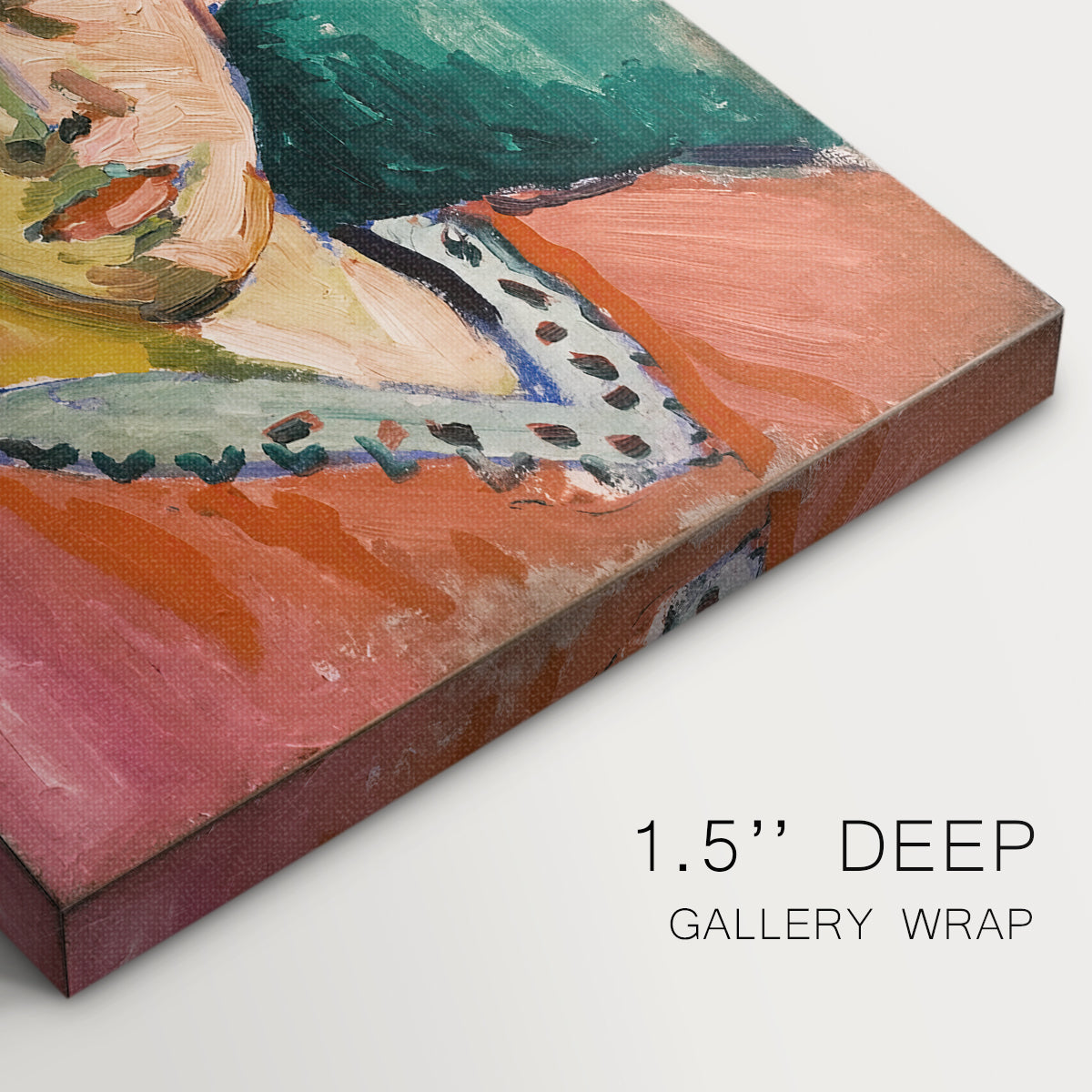 Close-up of a gallery-wrapped canvas corner showing a striking composition with bold vertical color division, highlighting texture and print detail.