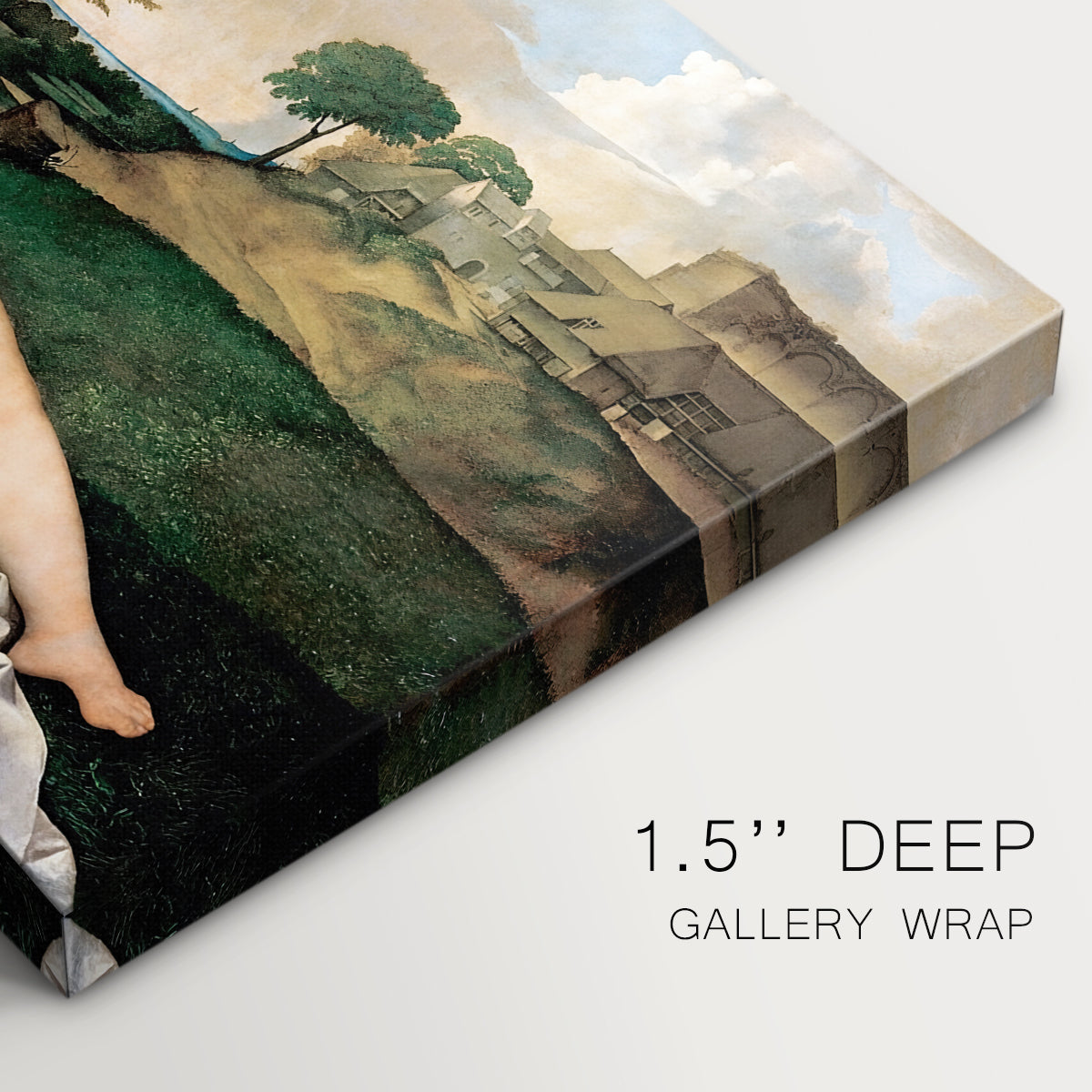 Canvas art print of a nude woman reclining asleep in open landscape with soft hills behind, highlighting texture and gallery-wrapped edges
