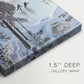 Close-up of a gallery-wrapped canvas corner showing a serene snowy shoreline with small figures skating on smooth ice, highlighting texture and print detail.
