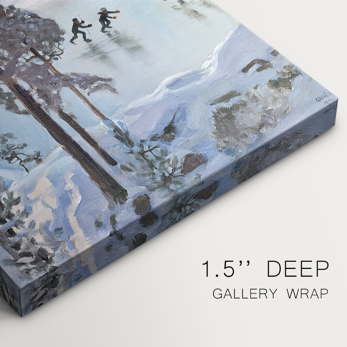 Close-up of a gallery-wrapped canvas corner showing a serene snowy shoreline with small figures skating on smooth ice, highlighting texture and print detail.