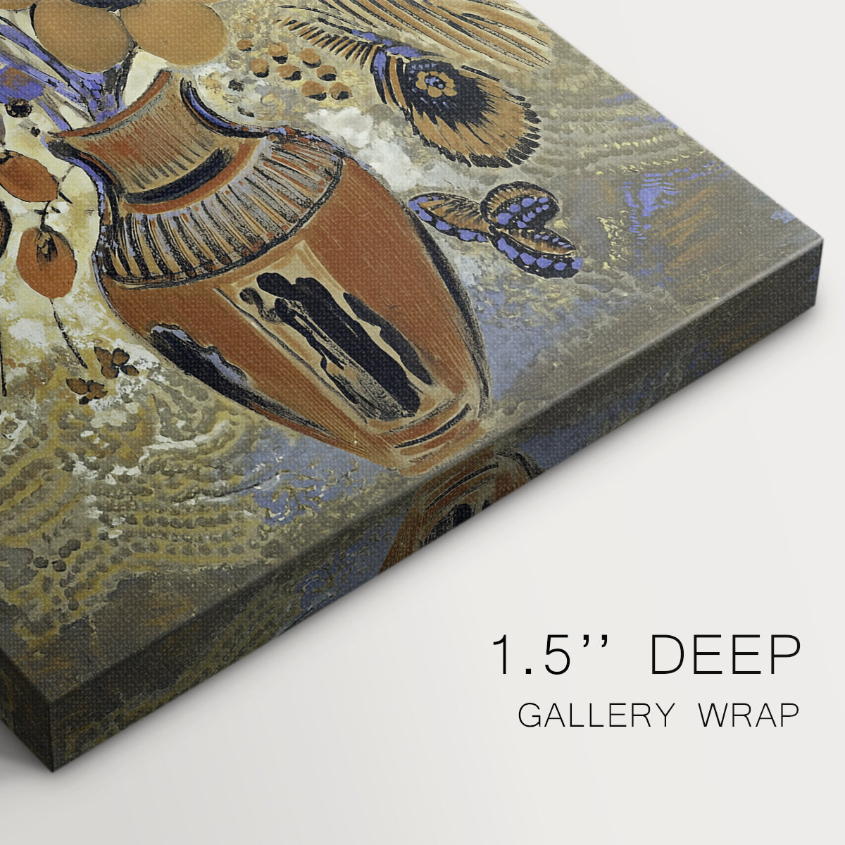 Close-up of a gallery-wrapped canvas corner showing a soft still life with balanced color, highlighting texture and print detail.