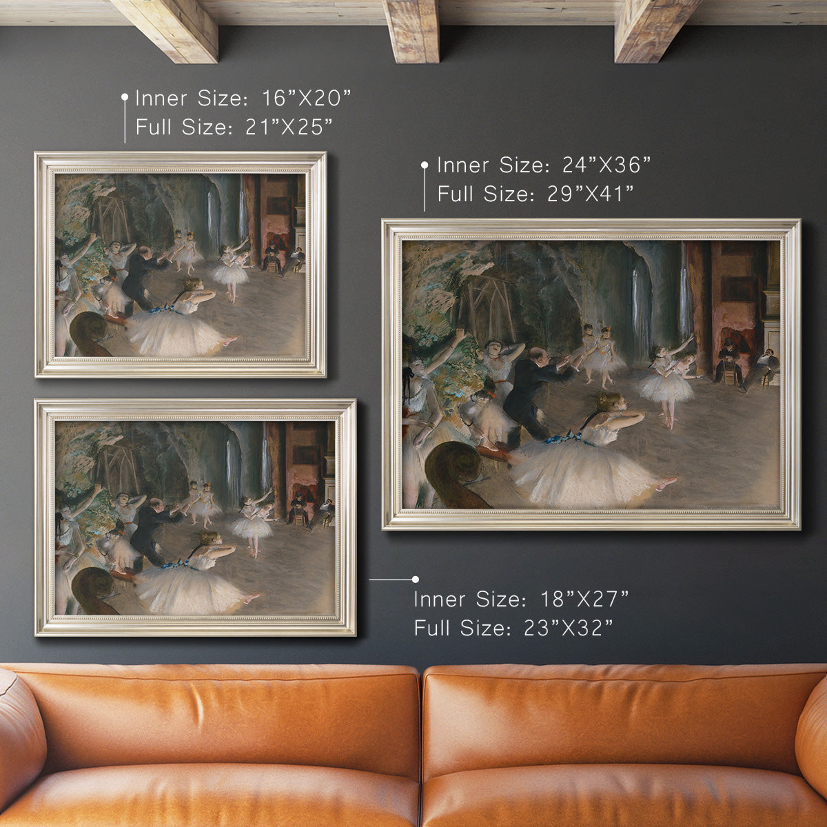 Impressionist backstage ballet scene by Edgar Degas in an ornate champagne frame shown in multiple size options.
