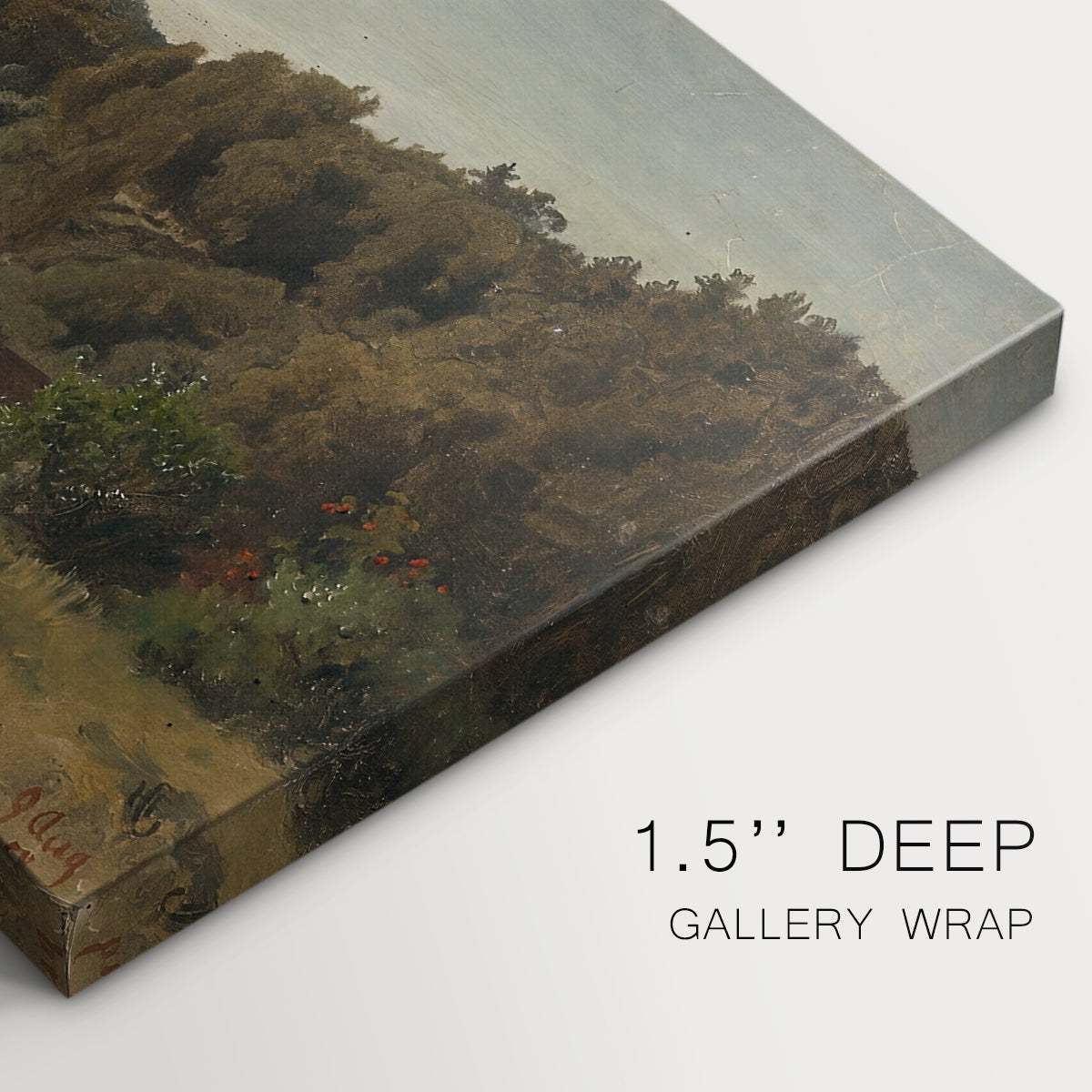 Canvas art print of a rolling landscape with fields, trees, and distant water under open sky, highlighting texture and gallery-wrapped edges