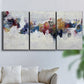 Three-panel canvas wall art featuring abstract water inspired composition, displayed in a living room above a sofa.