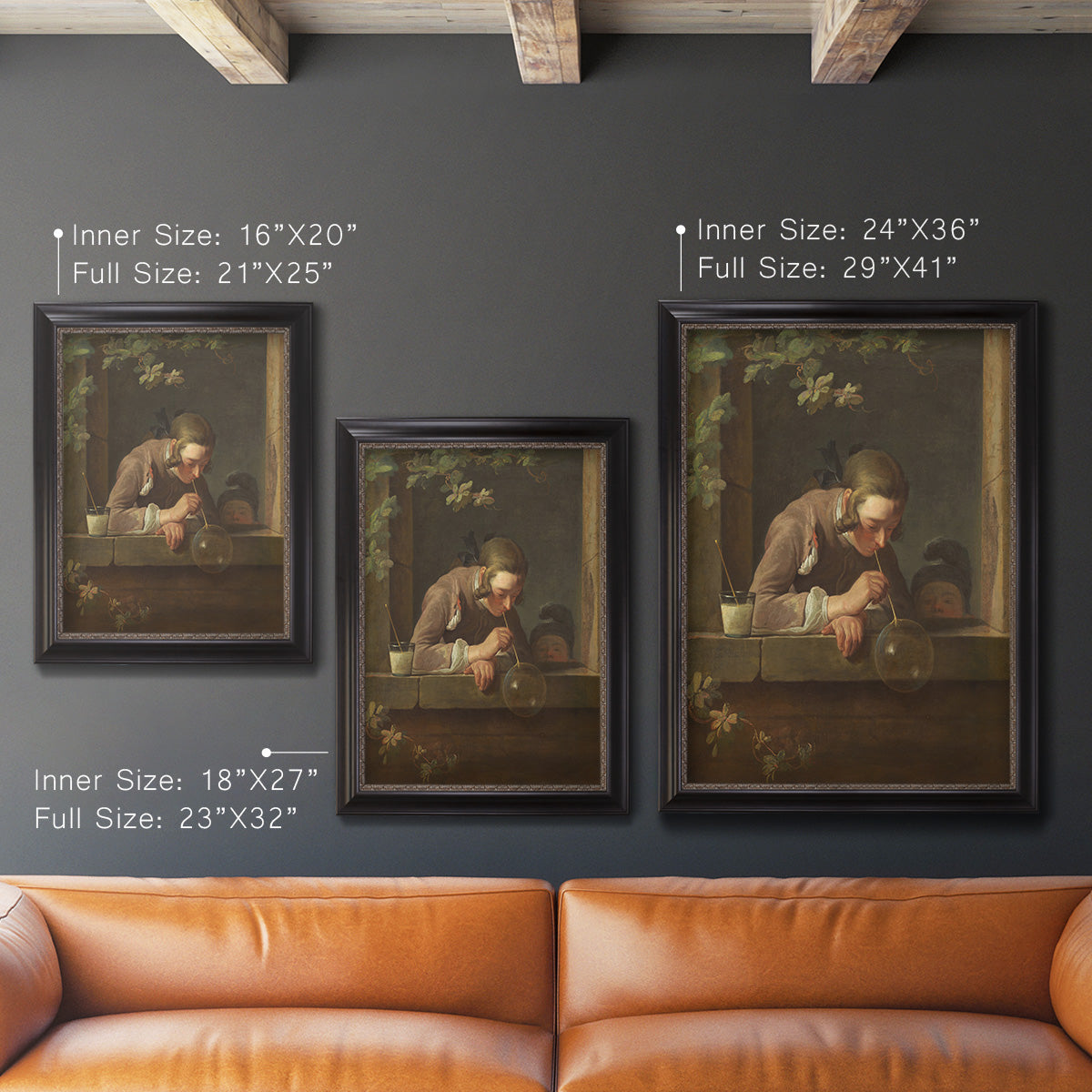 Classical genre painting of a child blowing soap bubbles by Jean-Siméon Chardin in an ornate black frame with gilded inner detail shown in multiple vertical size options.
