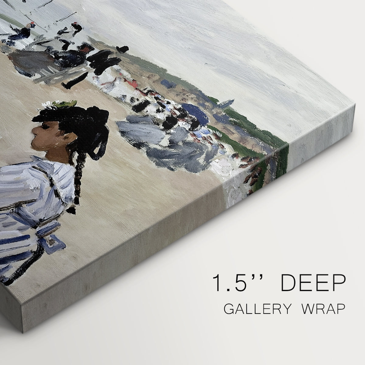 Canvas art print of figures seated on beach with parasols facing the ocean, highlighting texture and gallery-wrapped edges