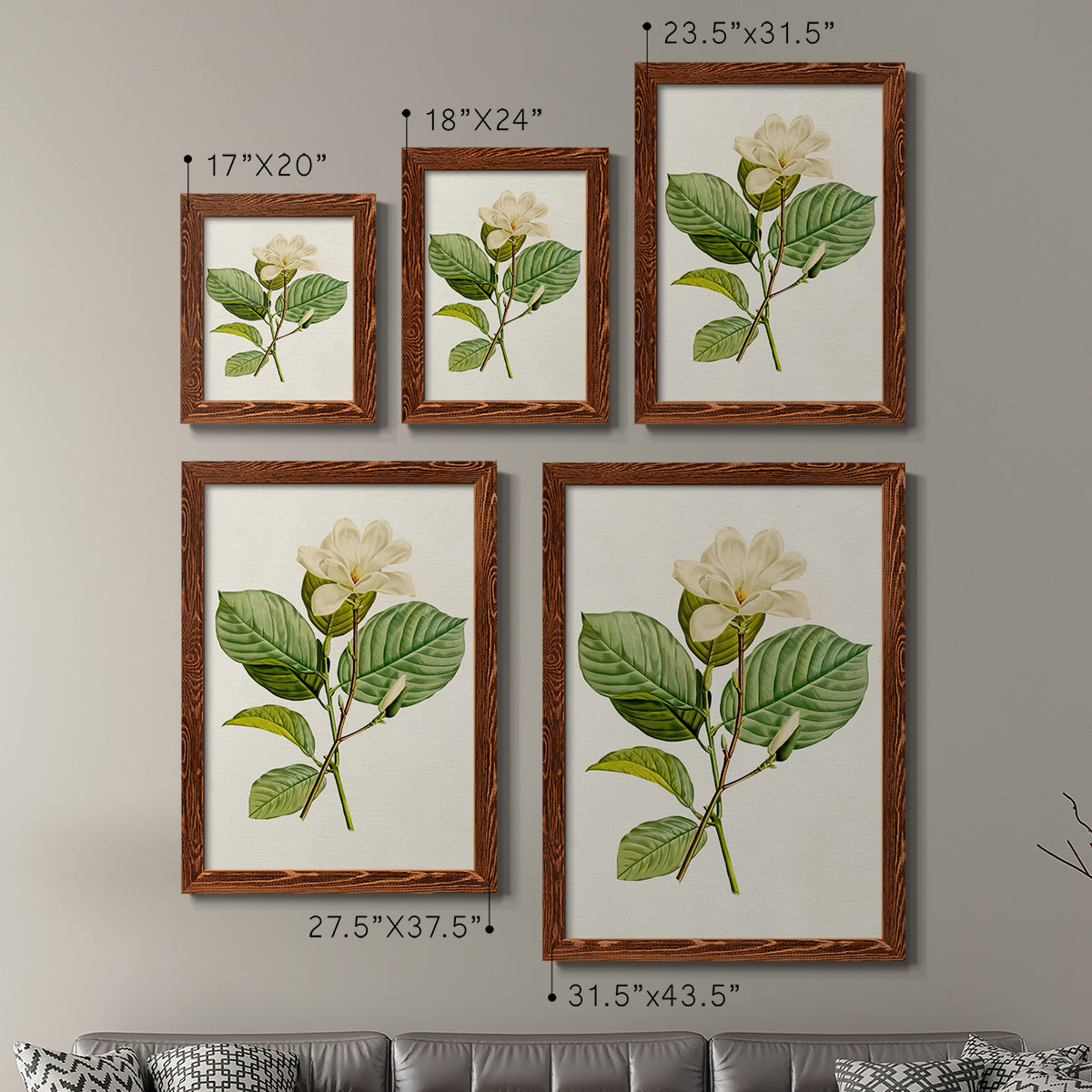 Size comparison chart for a set of two maple barnwood framed canvas prints.