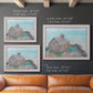 Impressionist coastal building landscape by Claude Monet in an ornate weathered white frame shown in multiple size options.