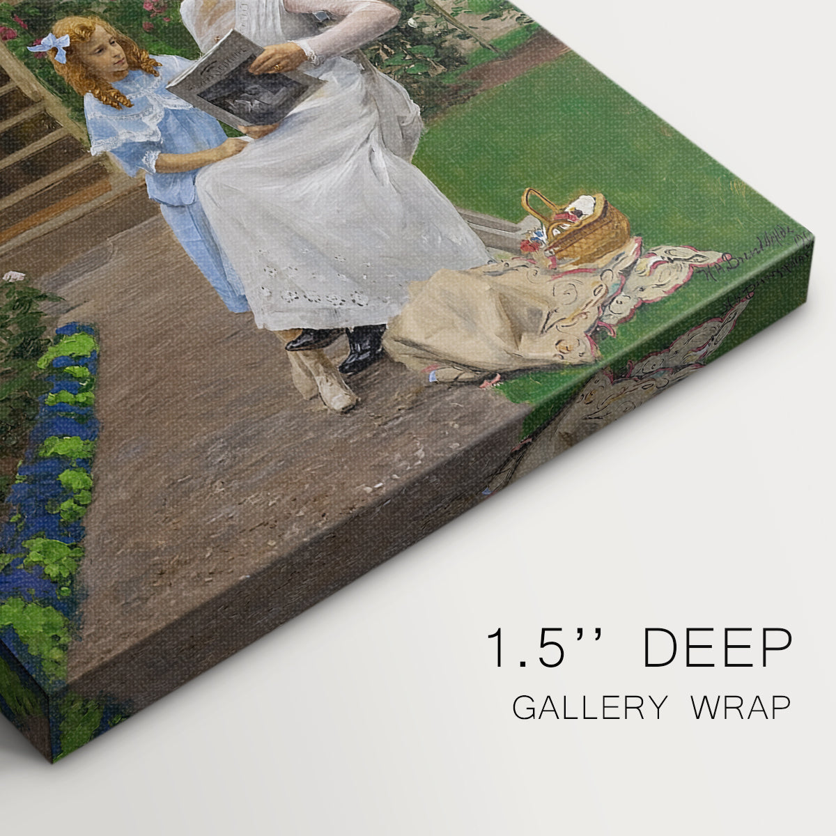 Close-up of a gallery-wrapped canvas corner showing a quiet scene with figures and soft tones, highlighting texture and print detail.