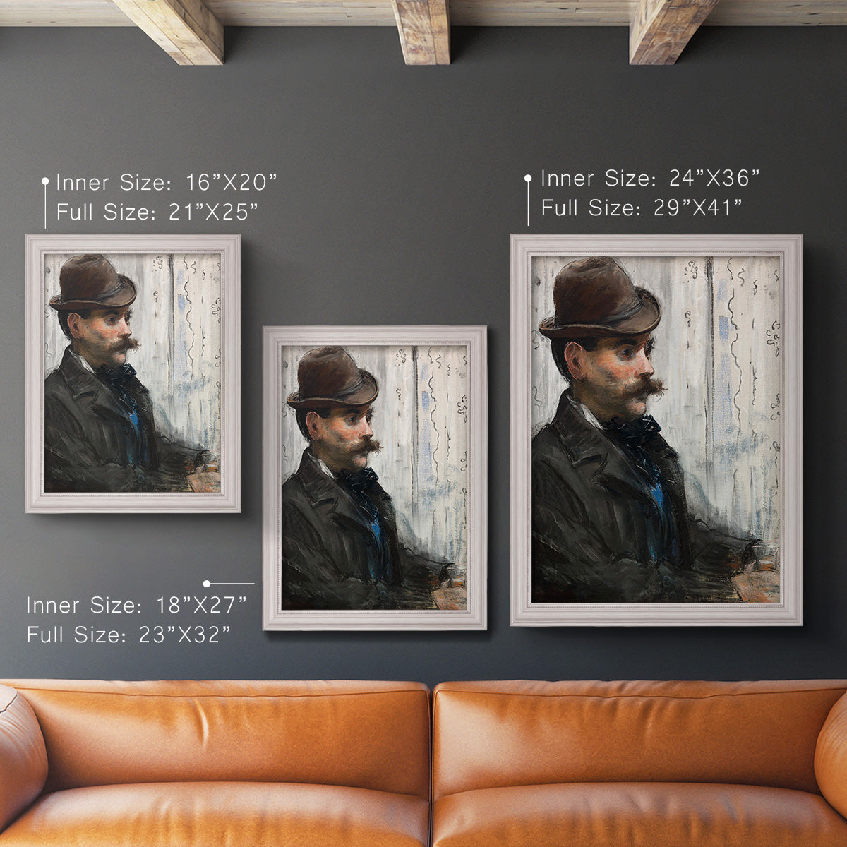 Impressionist portrait of a seated man by Édouard Manet in an ornate weathered white frame shown in multiple vertical size options.