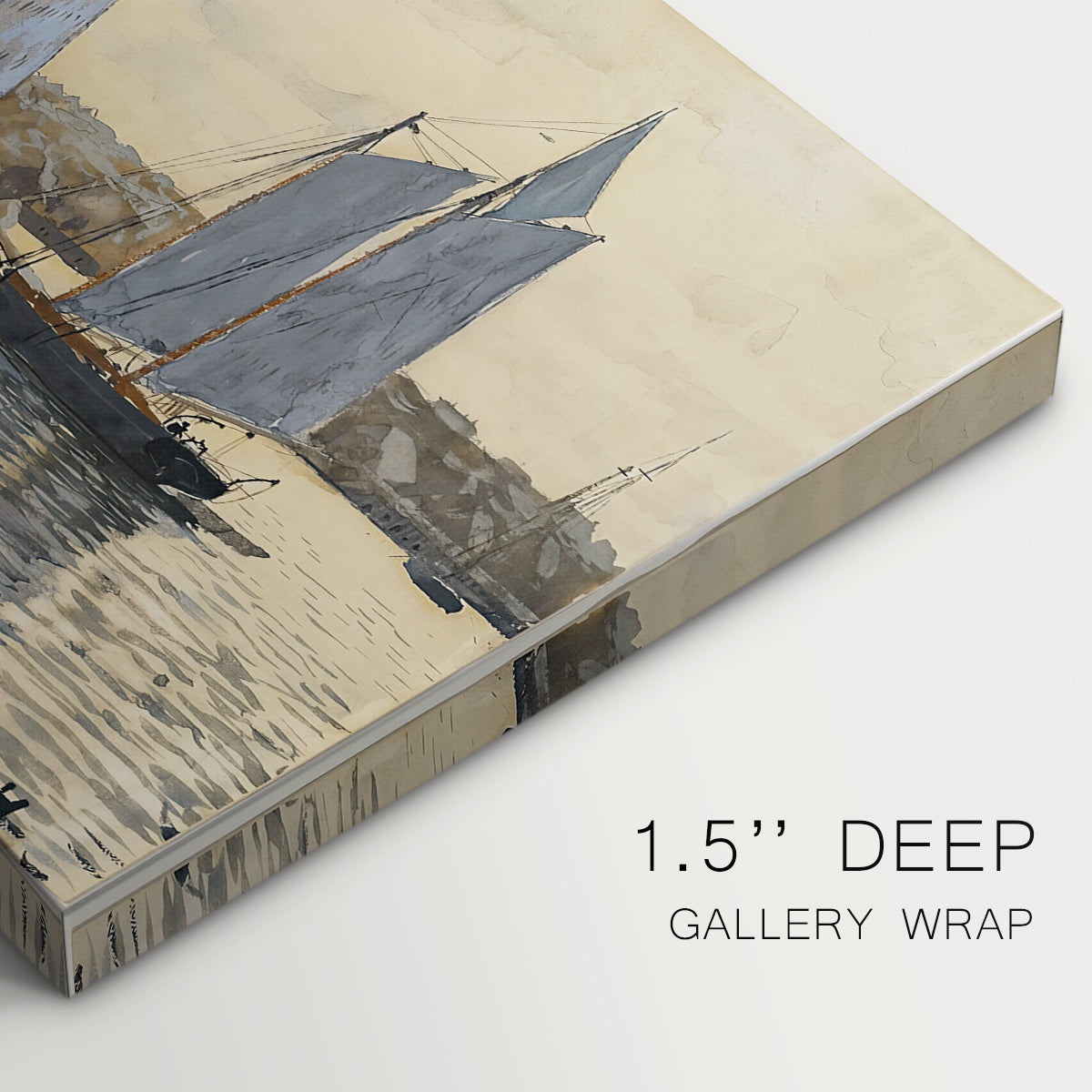 Canvas art print of two sailing ships positioned side by side on calm water, highlighting texture and gallery-wrapped edges