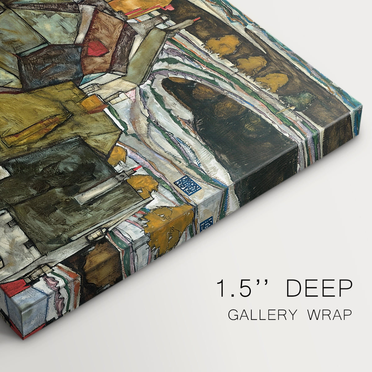Canvas art print of a curved row of colorful houses forming crescent shape along water, highlighting texture and gallery-wrapped edges